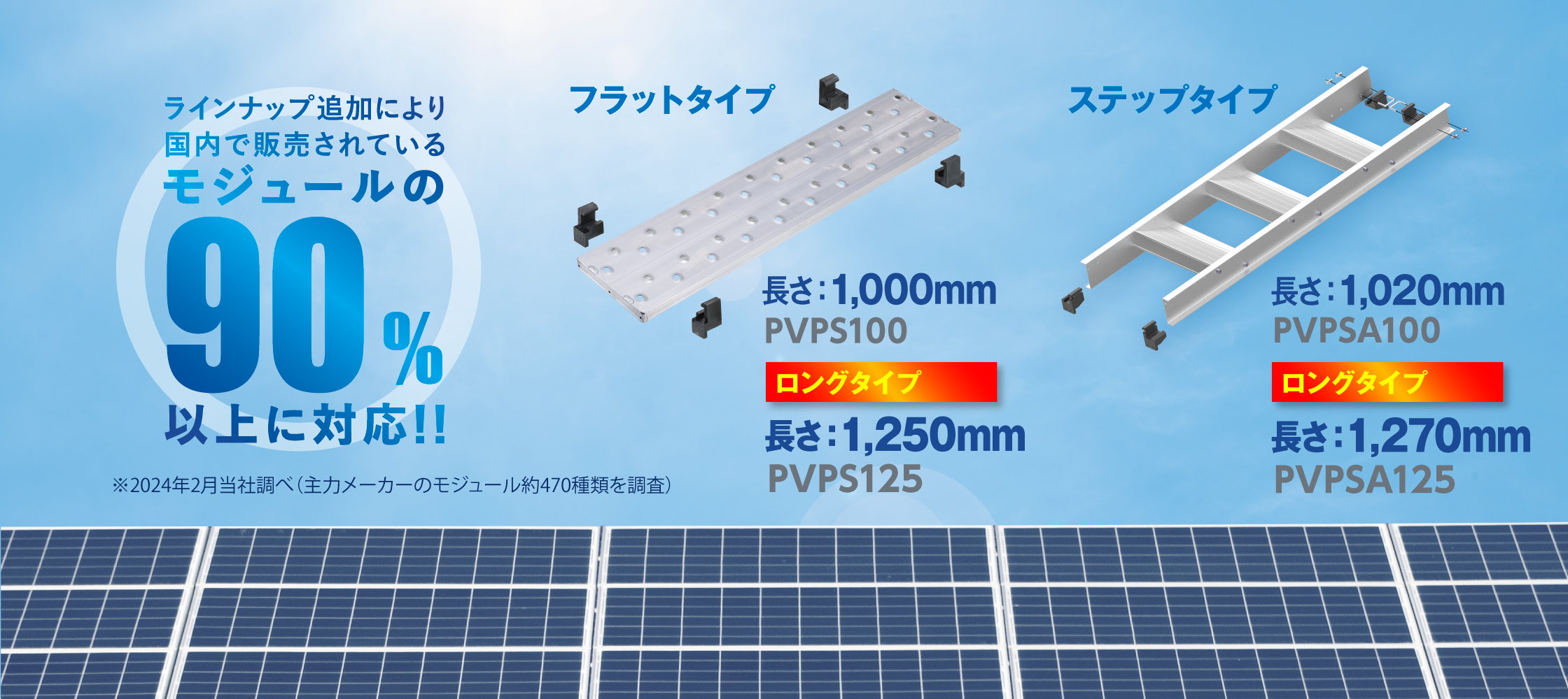 大型モジュール対応のロングタイプもラインナップ！国内で販売されるパネルの90％以上に対応！